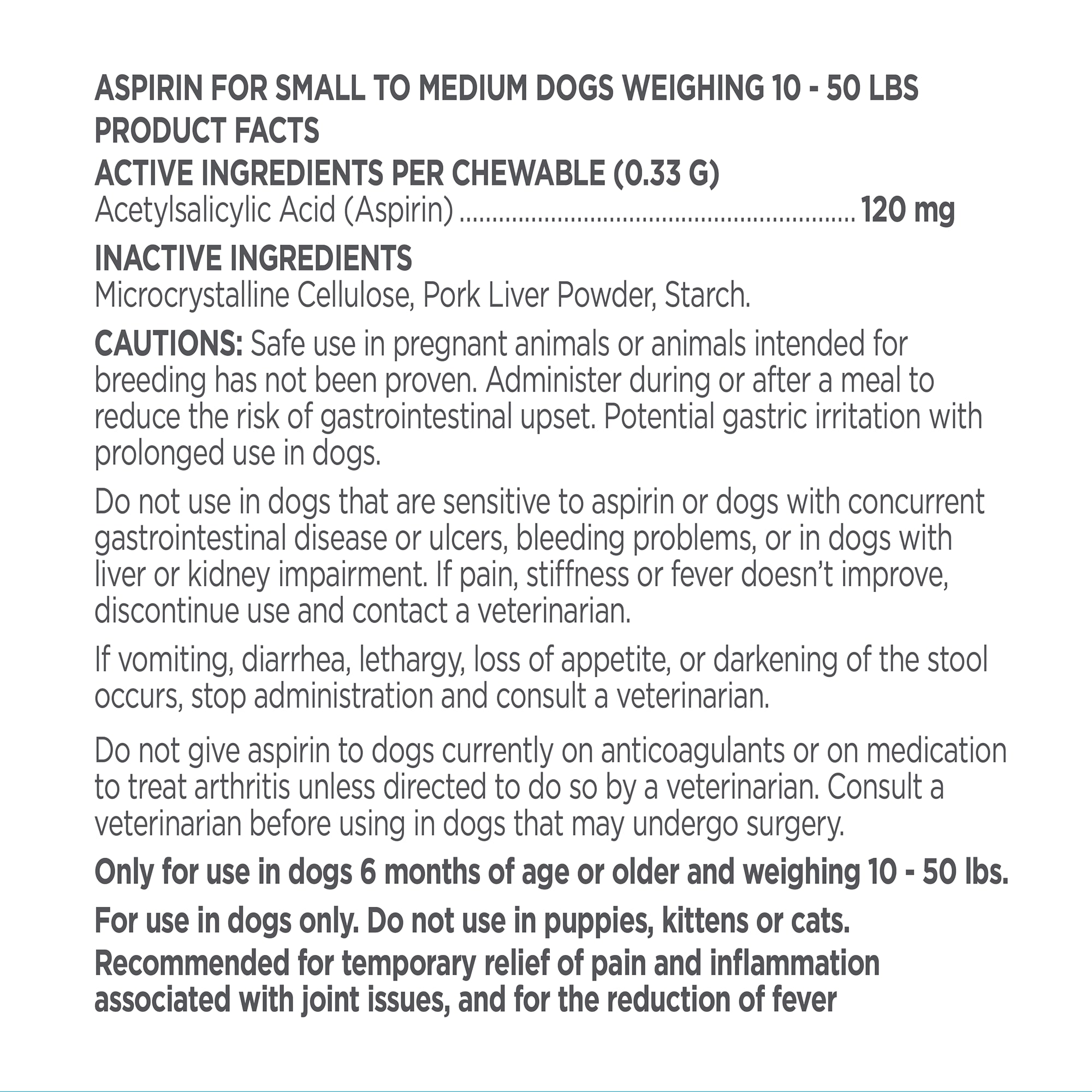 Vetality Canine Aspirin 120MG for Small to Medium Dogs Upto 10-50 lbs.， Count of 75