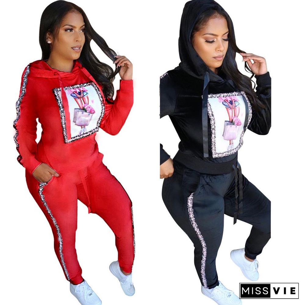 Leisure Printed Hooded Tops + Bodycon Pants 2 Pieces Set