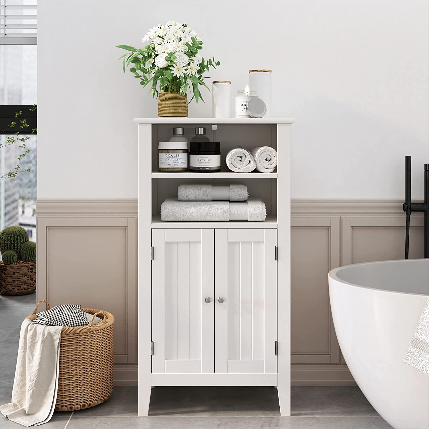 Homfa 2 Tier Shelves Bathroom Storage Cabinet, Wood Storage Floor Cabinet with 2 Doors, White