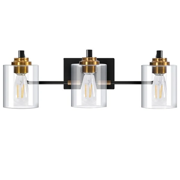 Black and Brass Finish 3-Light Modern Vanity Light with Clear Glass Shades - 22.8 in. W x 6.9 in. D x 7.7 in. H