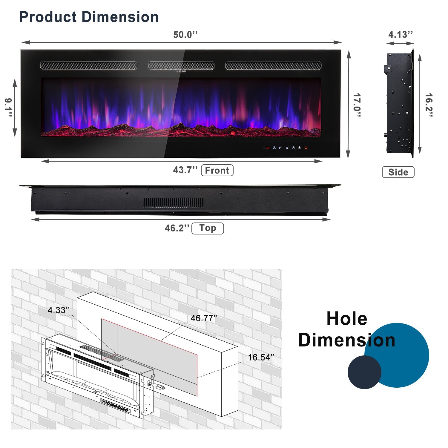 BaPiPro 50 inch Electric Fireplace, Recessed Wall Mounted Electric Fireplace inserts,Ultra Thin, 750W/1500W, 12 Color Flame, Remote Control, Log Set & Crystal