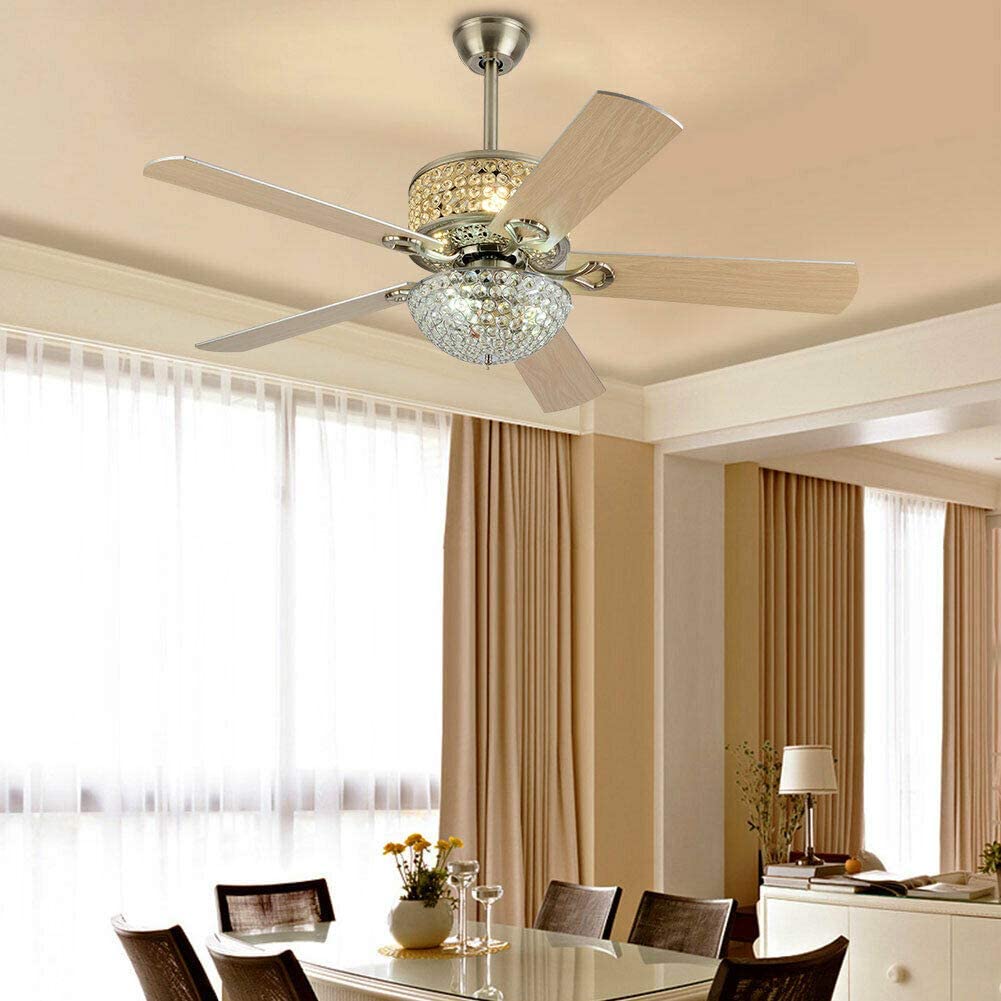 Anqidi 52 Inch Crystal Ceiling Fan Light Modern Gold Pendant Fan Lamp 5-Blades 3-Speed Ceiling Fan Chandelier with Remote