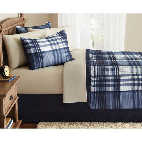 Mainstays Blue Plaid 8 Piece Bed in a Bag Comforter Set with Sheets， Queen