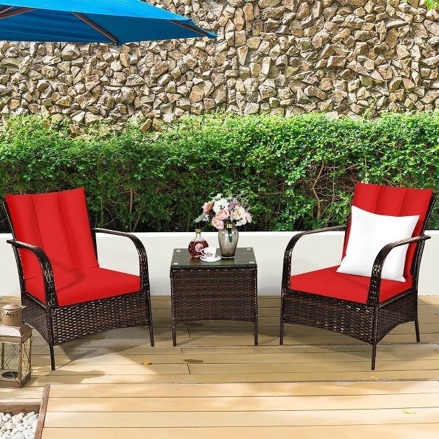 Costway 3 Pcs Patio Rattan Furniture Set Coffee Table amp 2 Rattan Chair W red Cushions