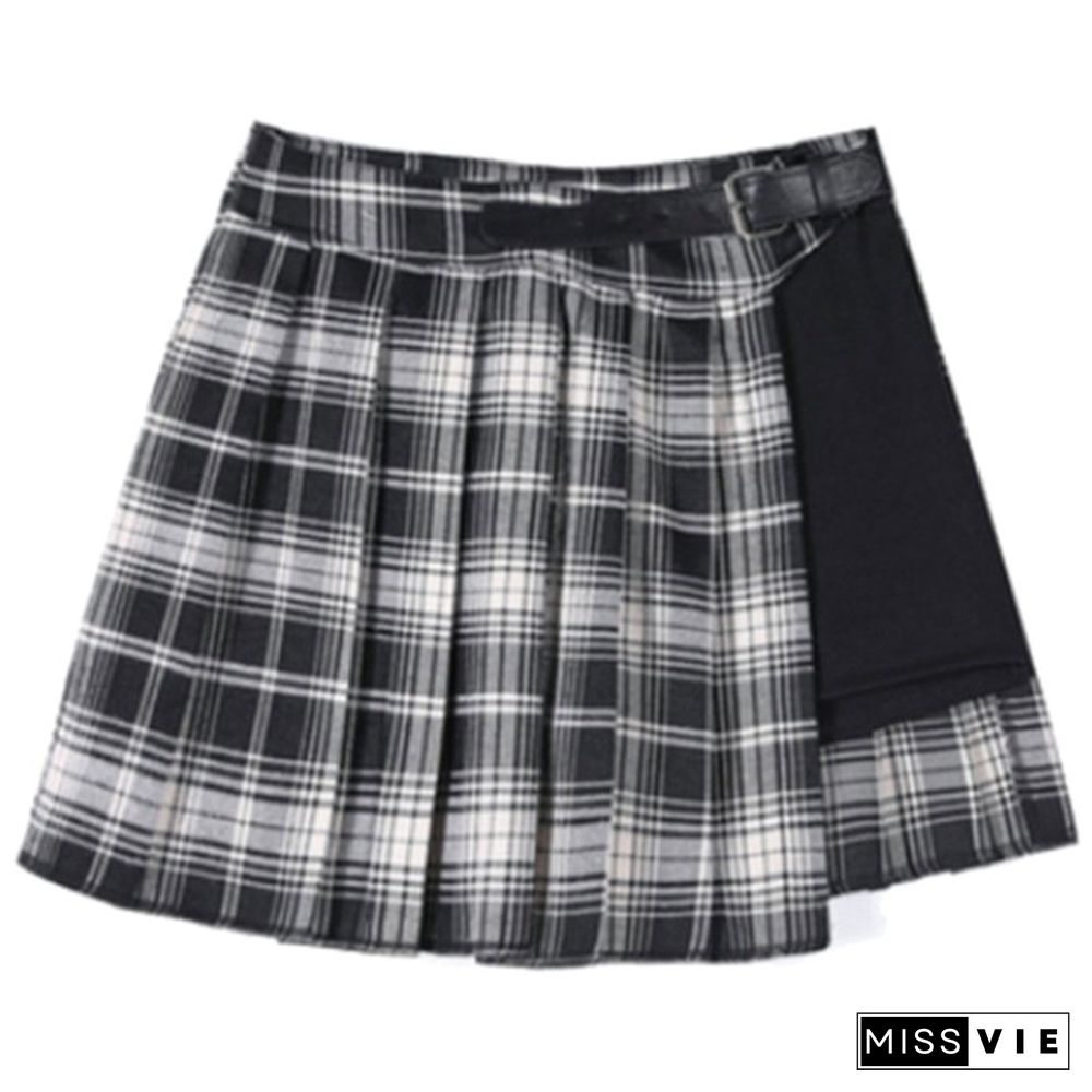 Women Summer Plaid Pleated Skirt Punk Gothic Style Cosplay Plaid Pantskirt Split Skirt #S-Xl