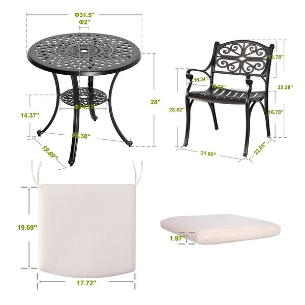 Nuu Garden Patio 3Piece Cast Aluminum Bistro Set with Umbrella Hole and Cushions