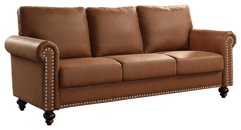 Classic Sofa  Faux Leather Upholstery  ampRolled Arms With Nailhead   Traditional   Sofas   by Decor Love  Houzz