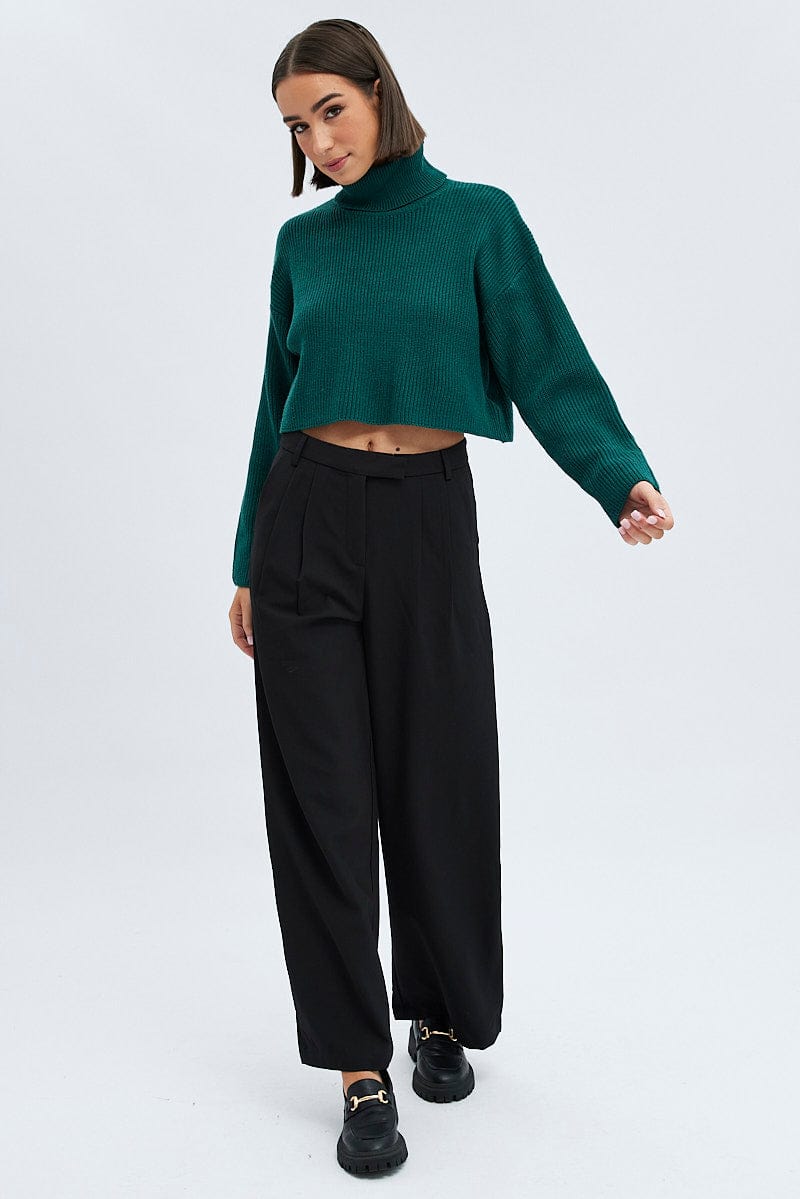 Black Wide Leg Pants Turn Down Waist Low Rise