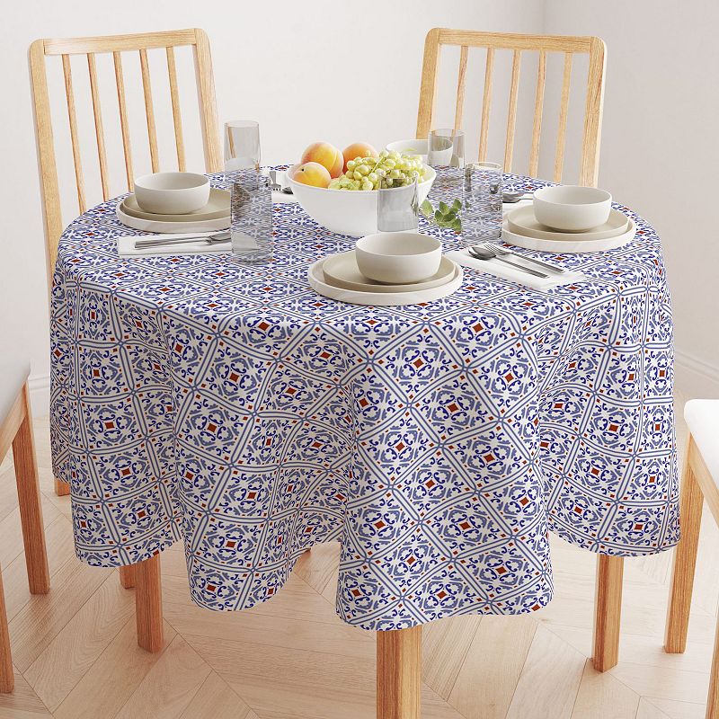 Round Tablecloth， 100% Polyester， 60 Round， Ceramic Tile Pattern