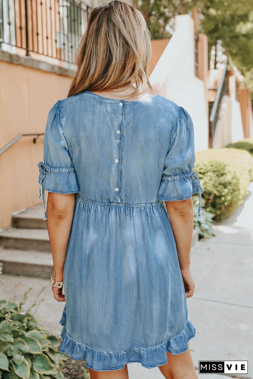 Blue High Waist Ruffled Denim Dress