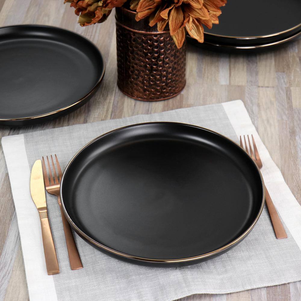 Elama Paul 6 Piece Stoneware Dinner Plate Set in Matte Black with Gold Rim 985116267M