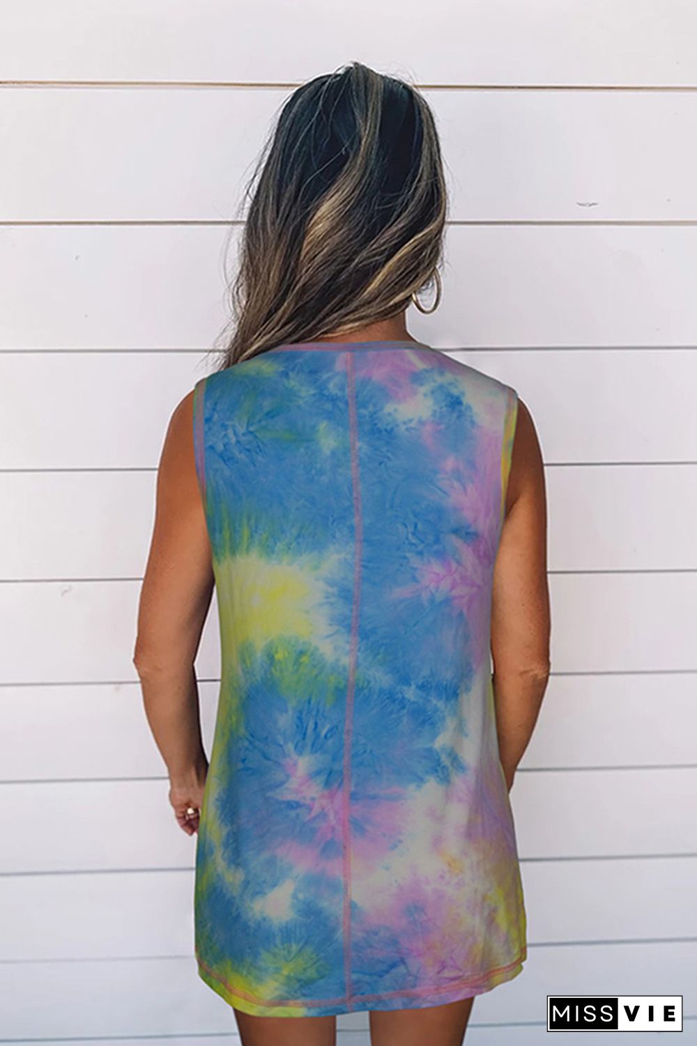 Blue Tie-Dye Round Collar Tank Top