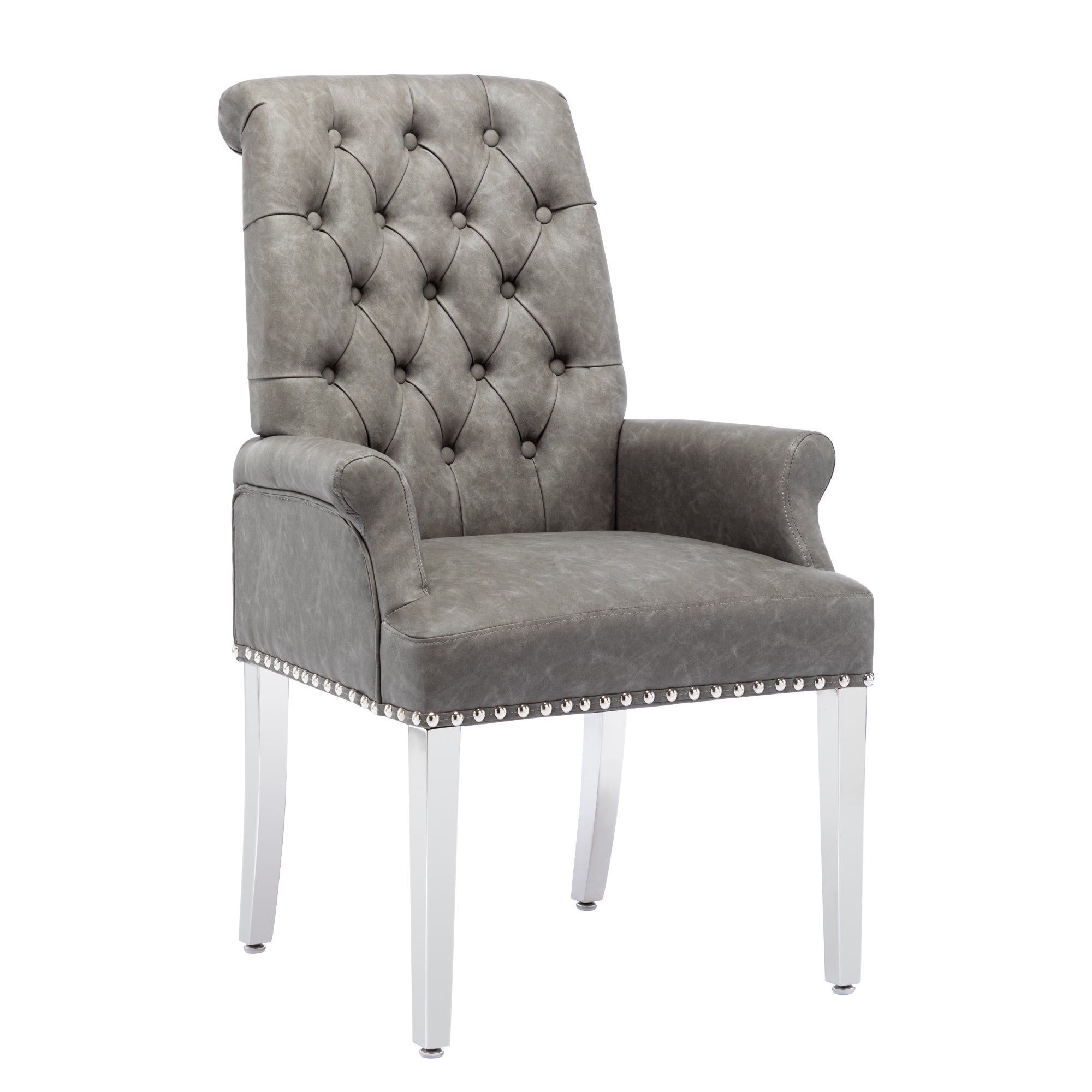 Foredo Upholstered Dining Chairs with Arms， Modern PU Dining Chairs with Metal Legs and Button Tufted Back， PU Gray