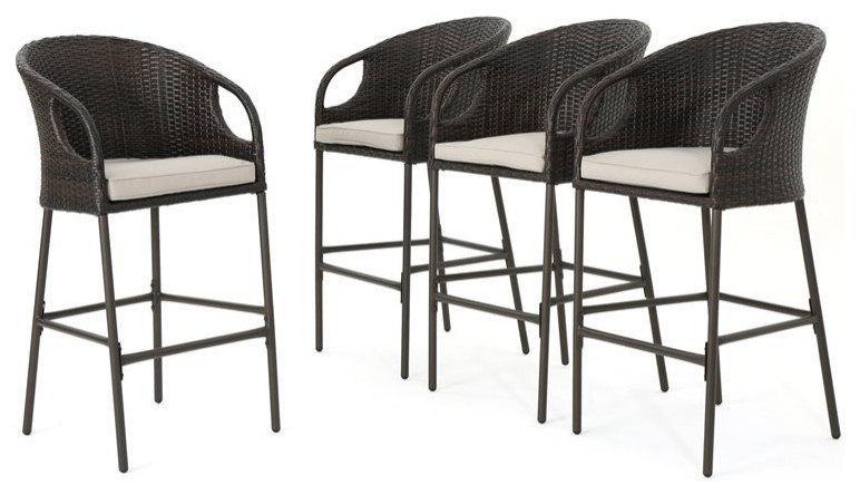 Noble House Dominica Multi Brown Wicker Barstools Light Brown Cushion (Set of 4)   Tropical   Outdoor Bar Stools And Counter Stools   by Homesquare  Houzz