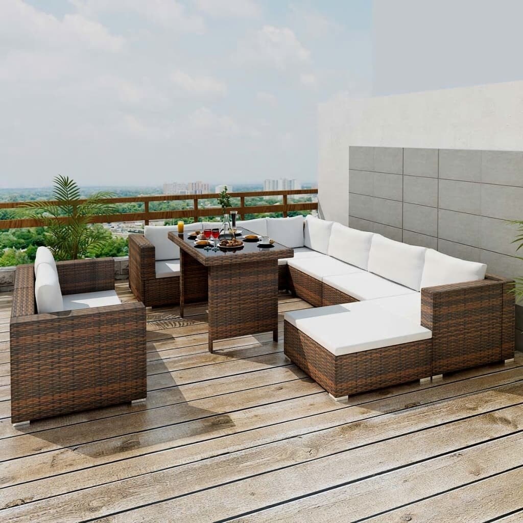 10 Piece Patio Lounge Set with Cushions Poly Rattan Brown - Overstock - 37574144