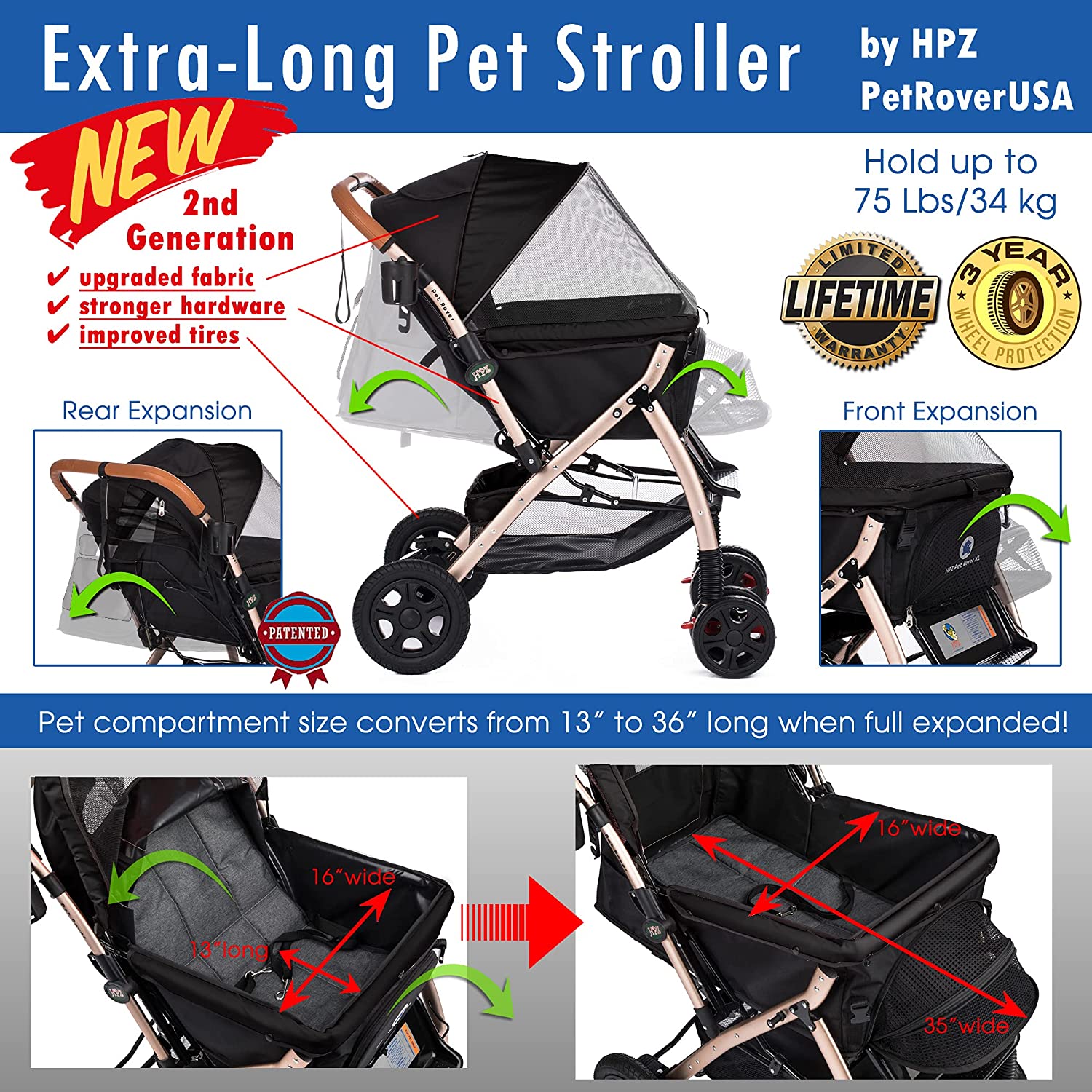 HPZ Rover Premium Heavy Duty Pet Stroller， Black