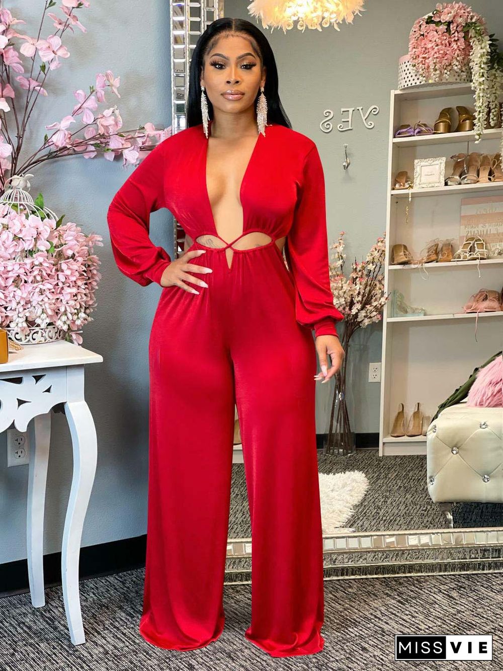 Low Cut Deep V Hollow Out Wide Leg Jumpsuit