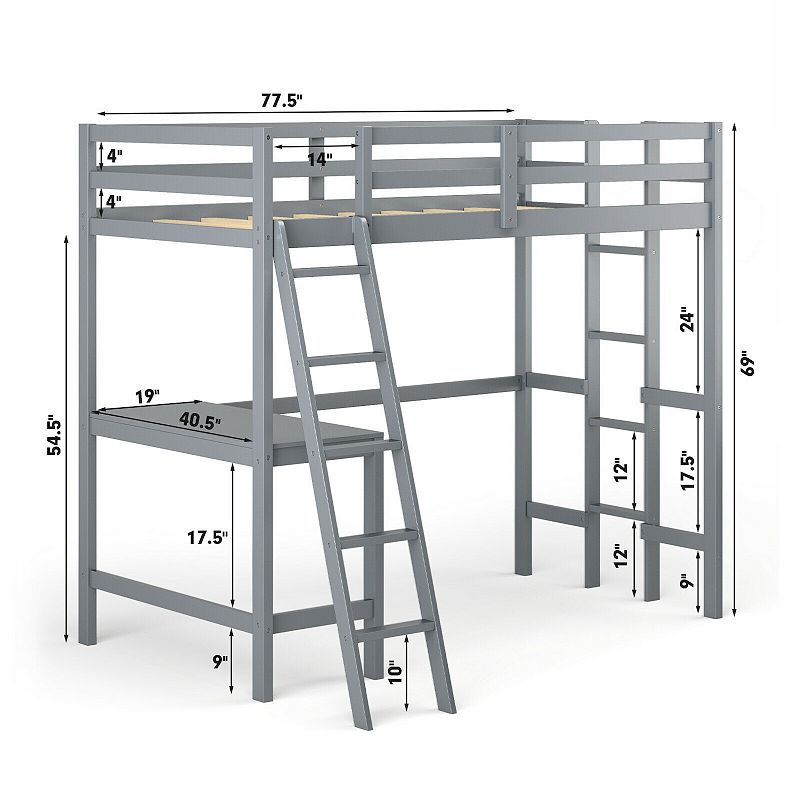 Twin Size Loft Bed Frame with Desk Angled and Built-in Ladder