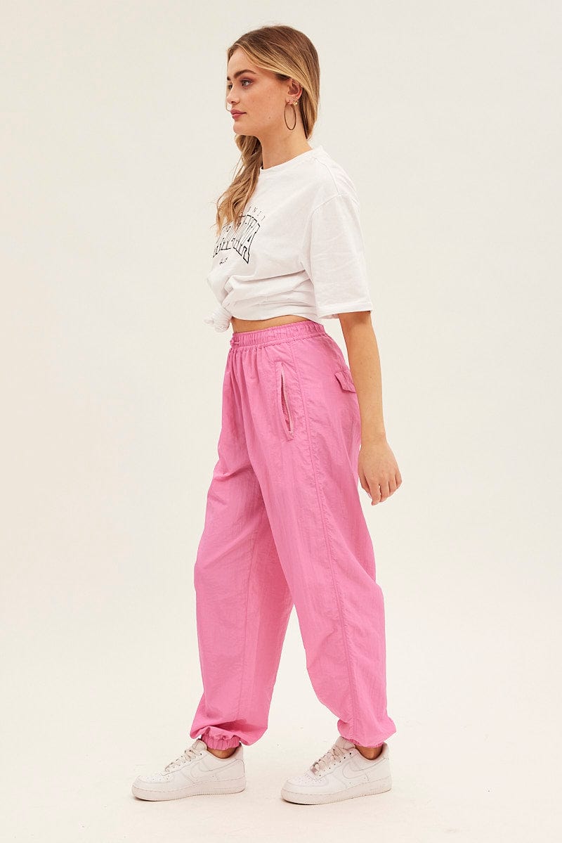 Pink Parachute Cargo Pants Mid Rise