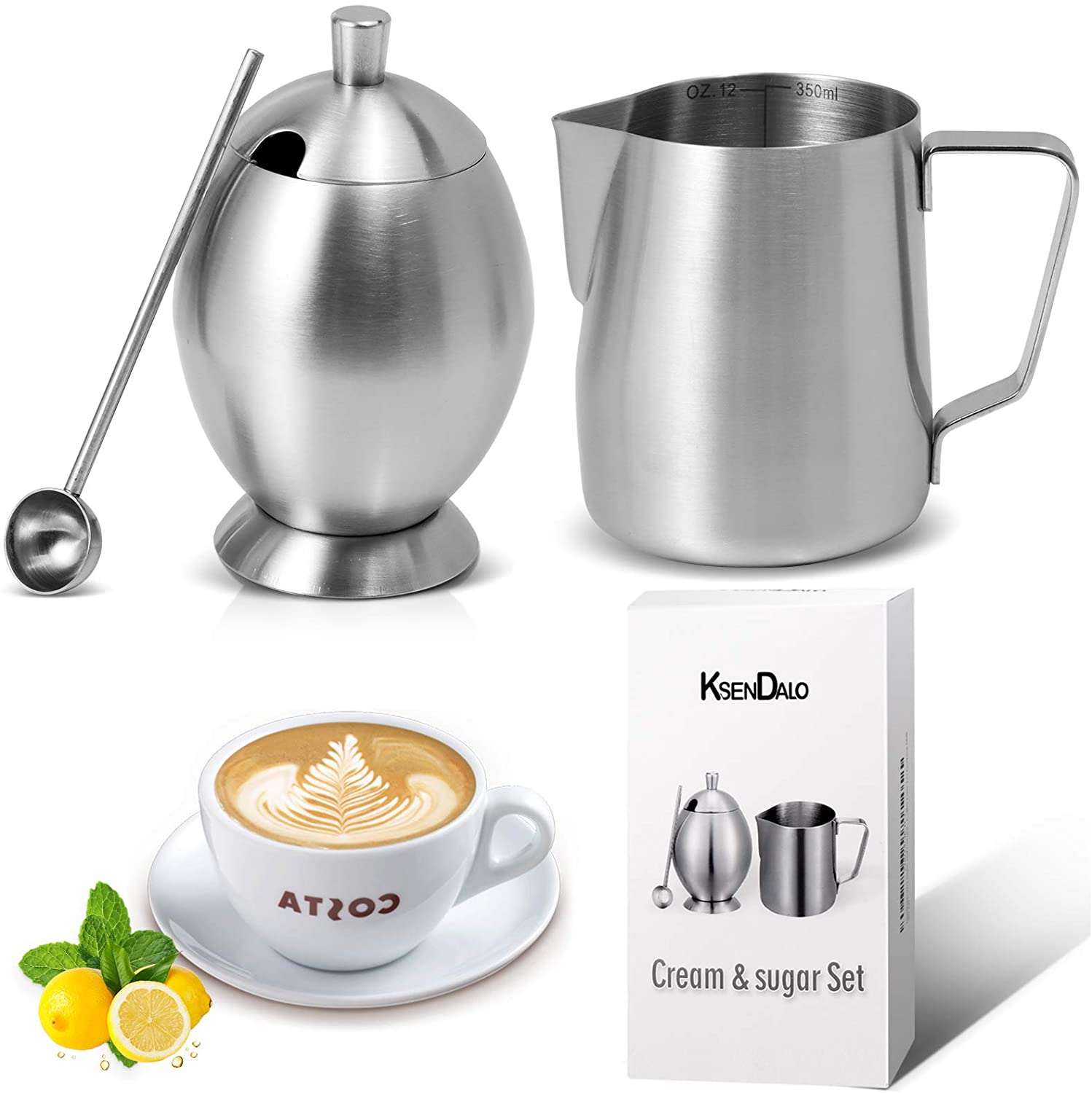 KSENDALO Coffee Milk Frothing Pitcher Cup Creamer Bowl Set，Stainless Internal with Scale，12OZ/350mL