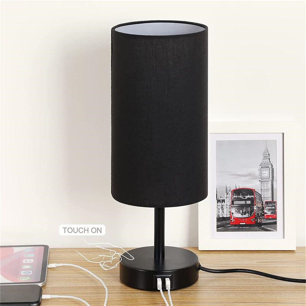 Bedside Lamp with USB Port - Touch Control Table Lamp for Bedroom Wood 3 Way Mountdog Dimmable Nightstand Lamp with Round Flaxen Fabric Shade for Living Room Black