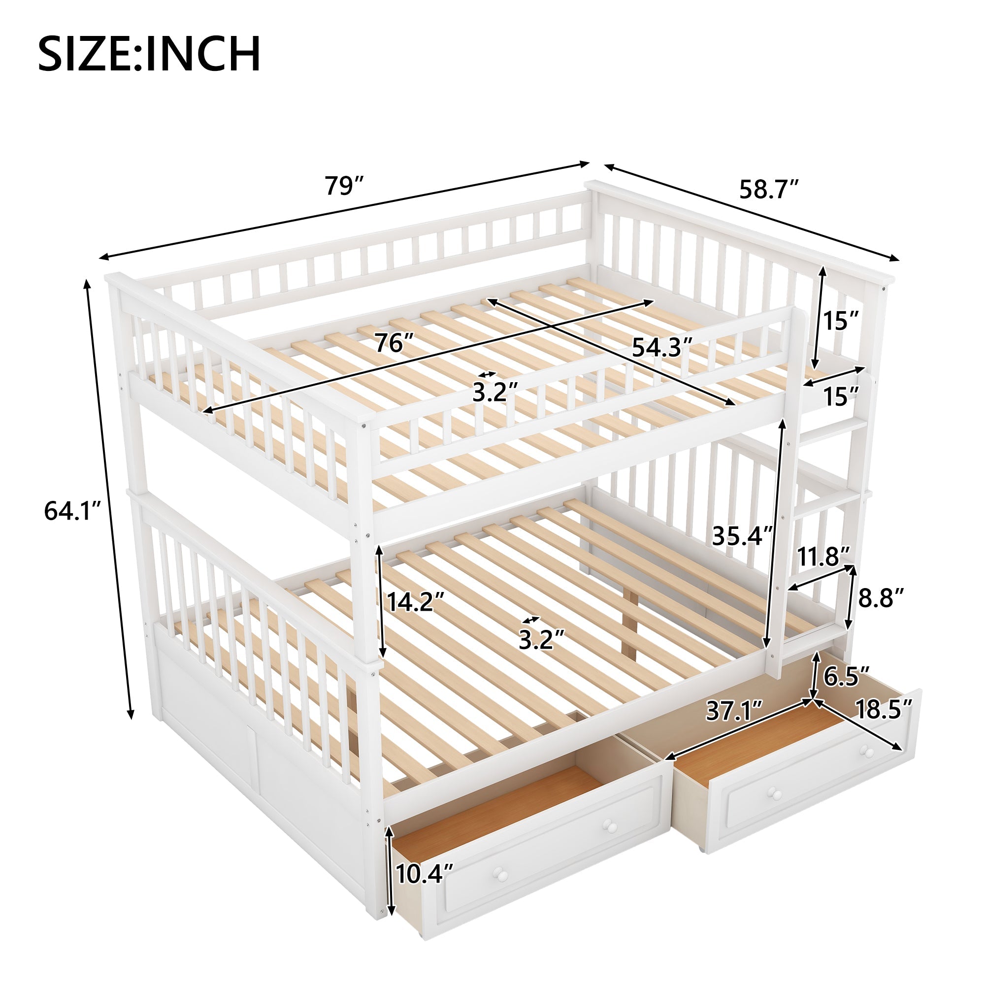 Euroco Pine Wood Bunk Bed With Storage, Full-Over-Full, White