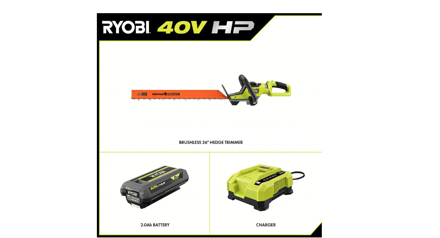 RYOBI RY40640VNM 40V HP Brushless 26 in. Cordless Battery Hedge Trimmer with 2.0 Ah Battery and Charger