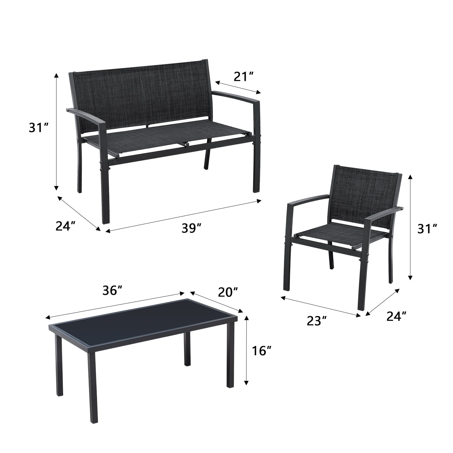 Devoko 4 Pieces Patio Furniture Outdoor furniture Outdoor Patio Furniture Set Textilene Bistro Set Modern Conversation Set Black Bistro Set with Loveseat Tea Table, Black