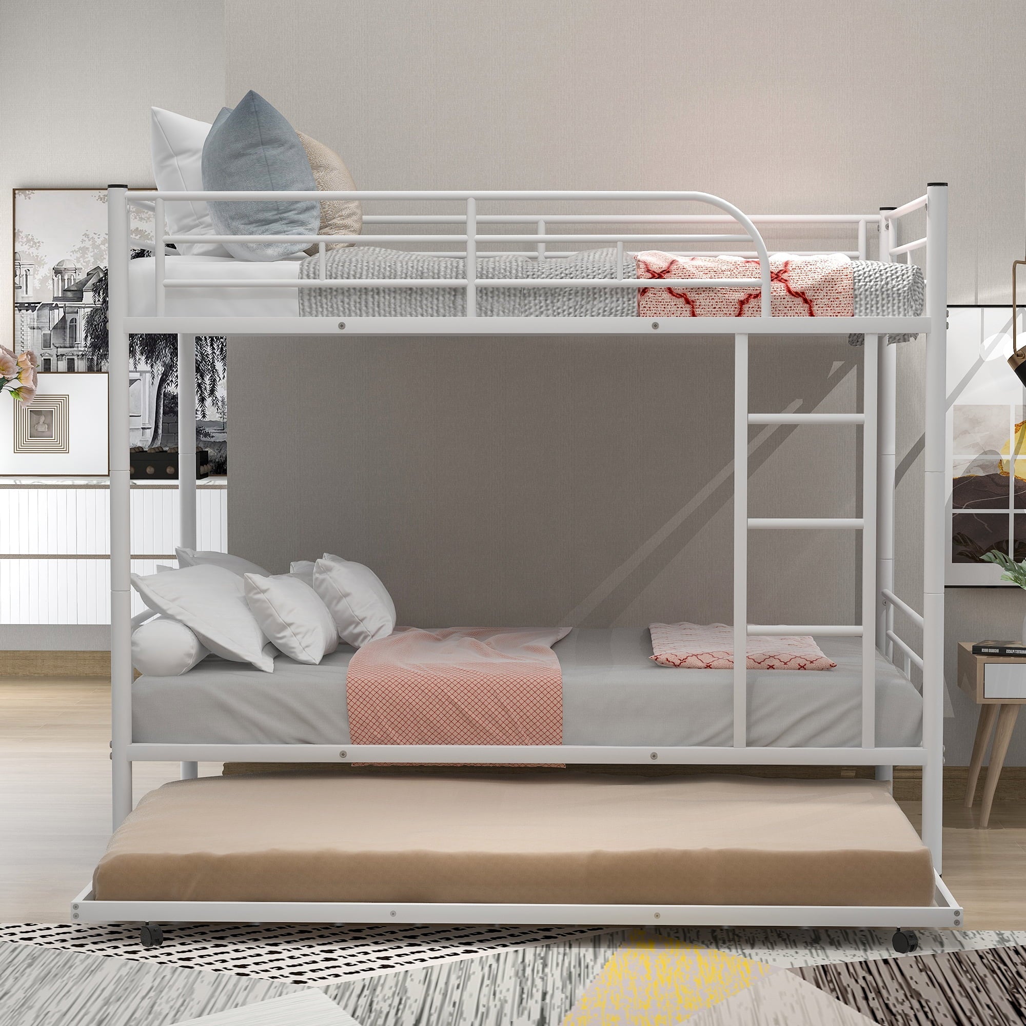 Heavy Duty Bunk Bed Frame, Kids Twin Over Twin Metal Bunk Bed with Flat Ladder & Safety Guardrail, Convertible Trundle Bunk Bed Frame, for Dorm, Bedroom, Guest Room, No Box Spring Needed, White, D8076