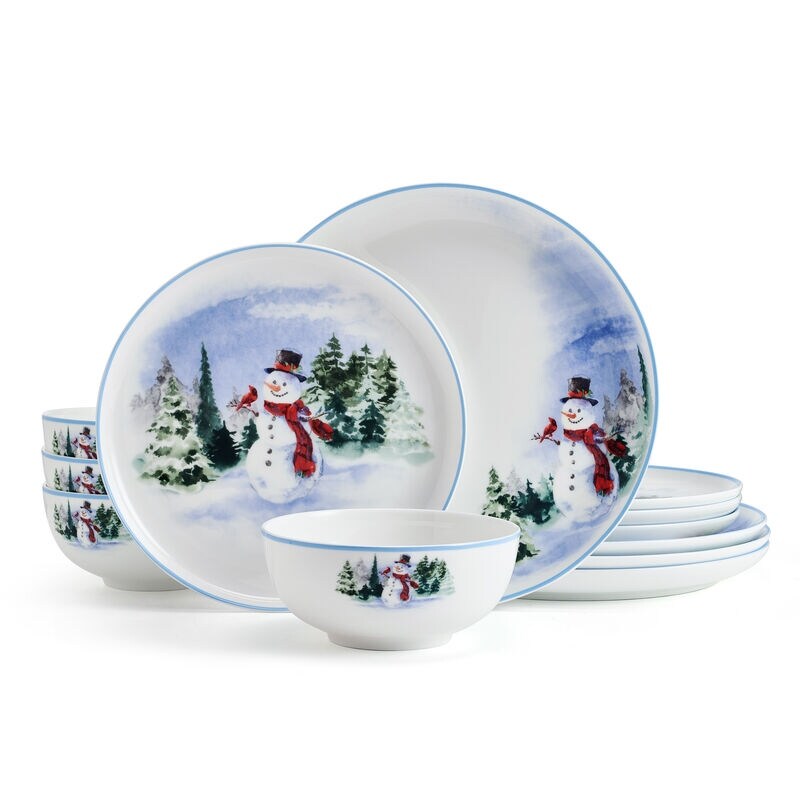 Mikasa Snowman Forest 12PC Dinnerware Set  Service for 4