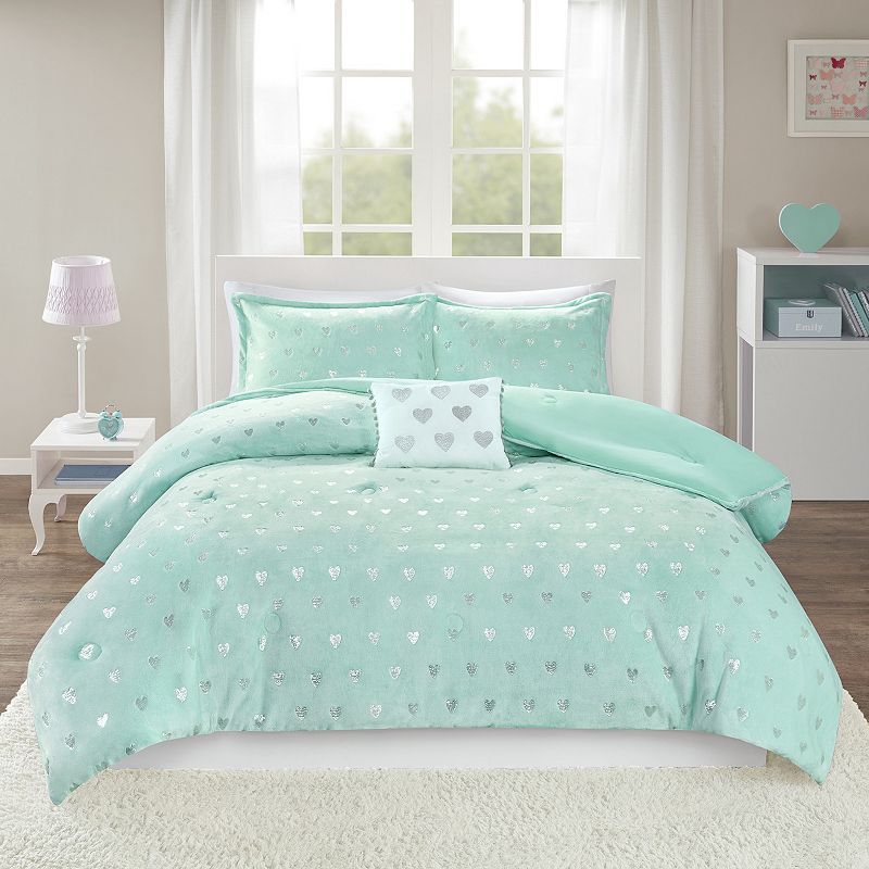 Mi Zone Jenna Metallic Heart Printed Comforter Set with Throw Pillow