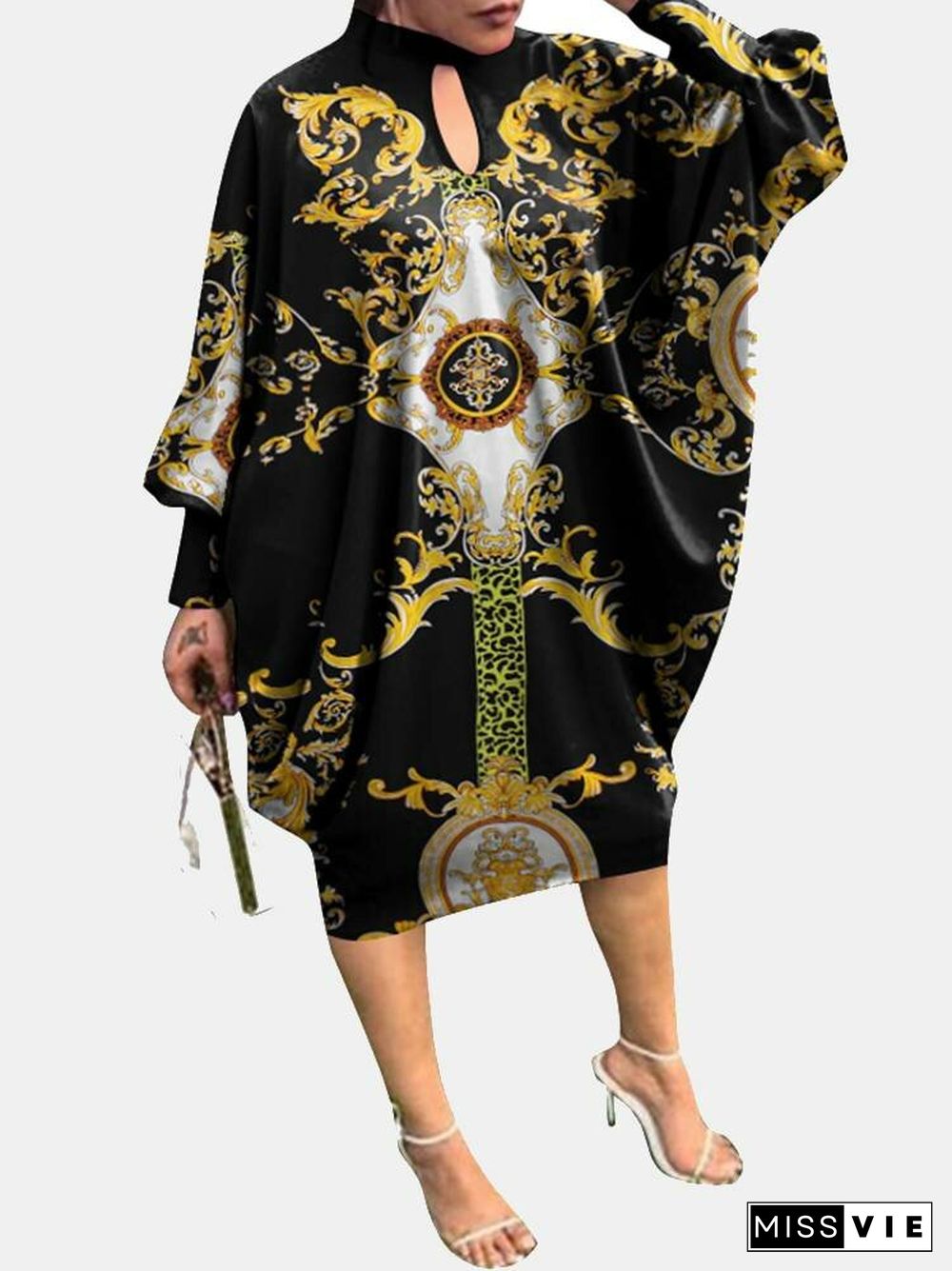 Tribal Pattern Loose Long Sleeve Hollow Dress