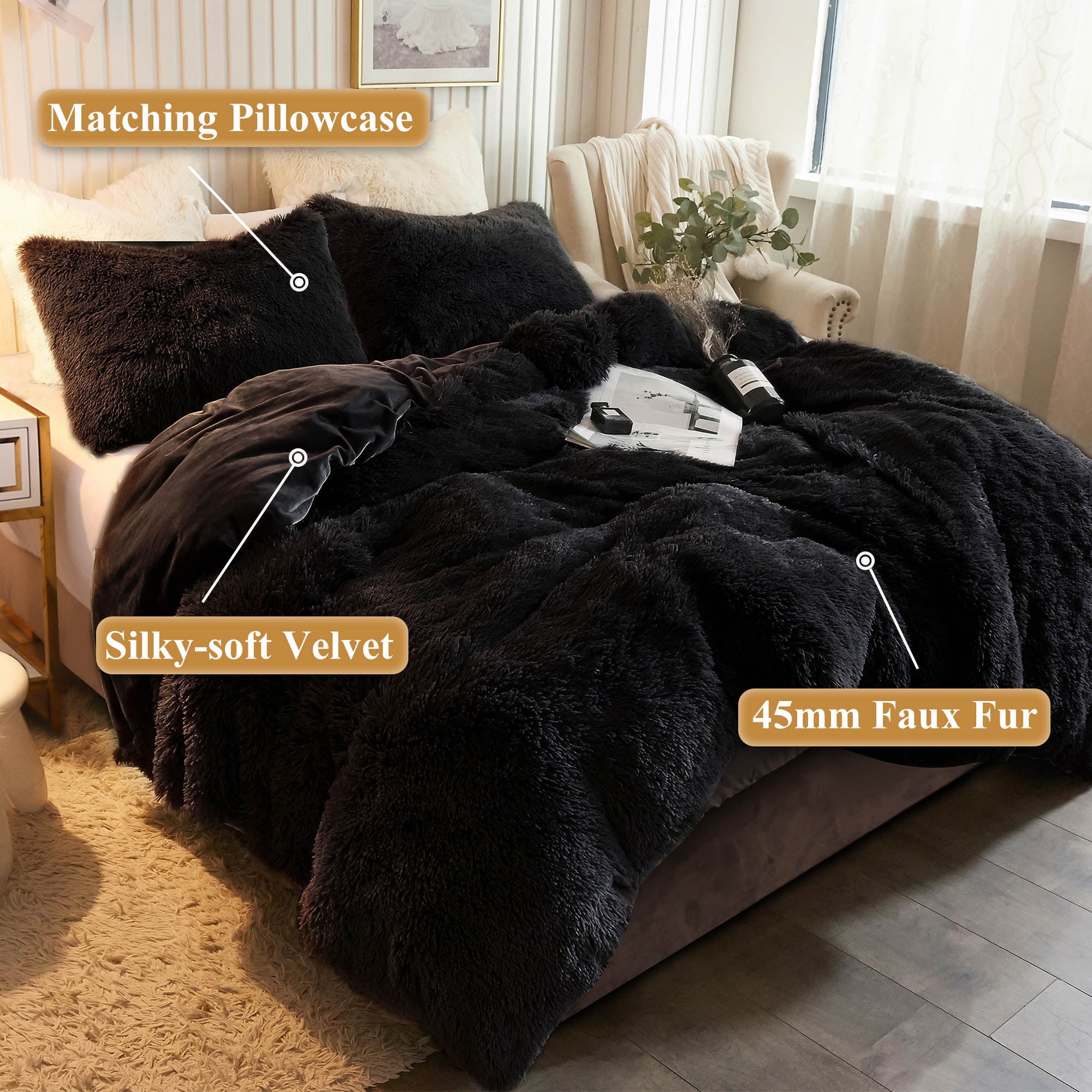 XeGe 3 Pieces Furry Plush Duvet Cover Set， Black Faux Fur Comforter Cover Set， Luxury Soft Velvet Fuzzy Fluffy Bedding Set， Shaggy Duvet Cover with 2 Pillow Covers， Zipper Closure， Queen Size， Black