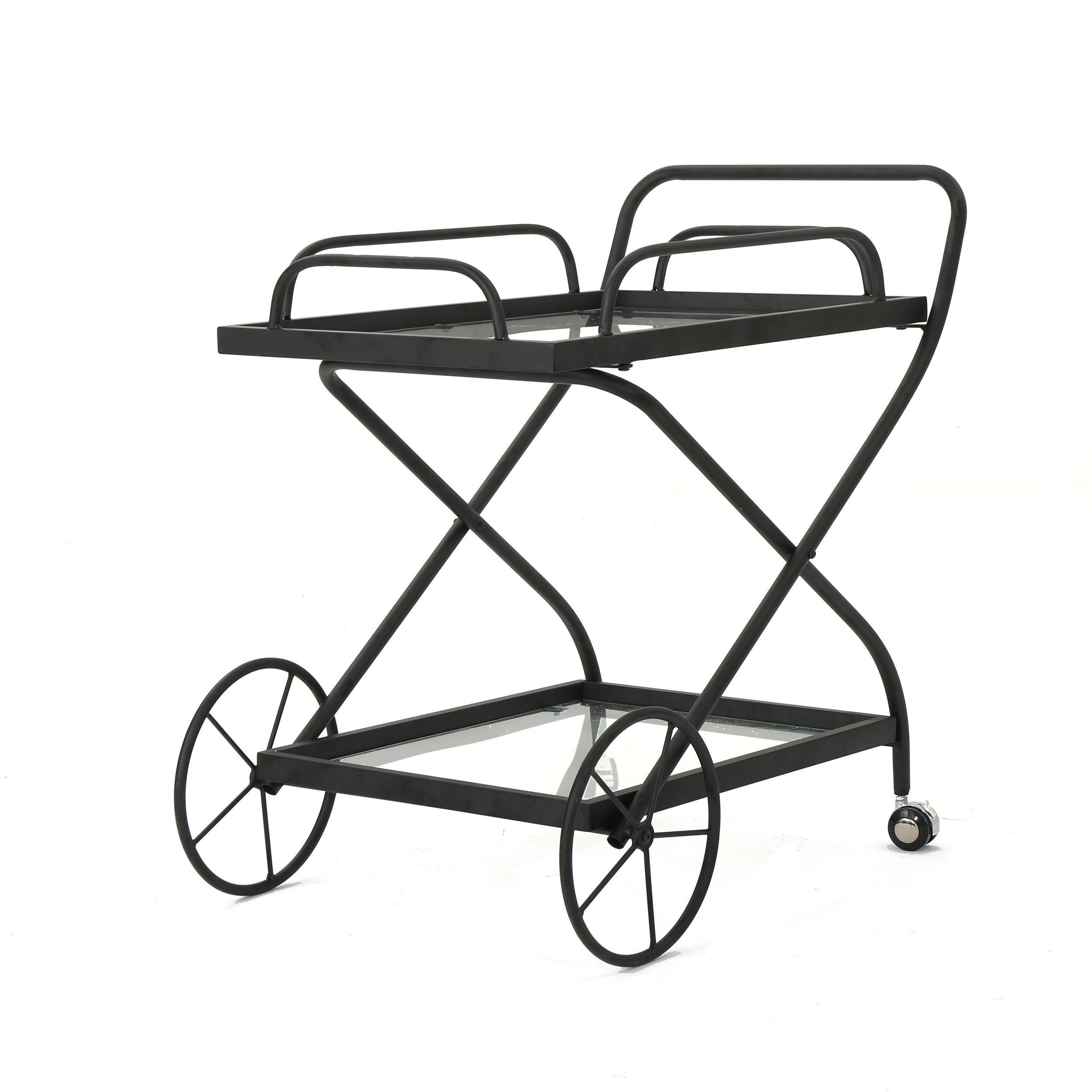 Presley Indoor Traditional Black Iron Bar Cart with Tempered Glass Shelves