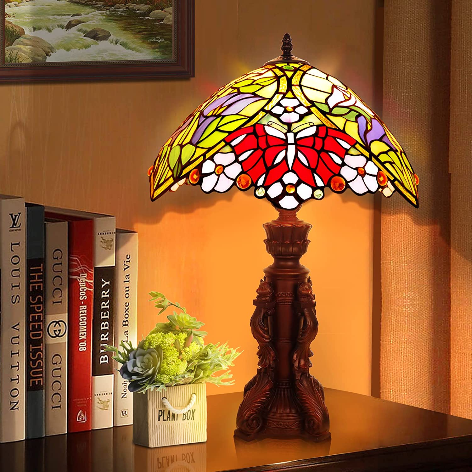 SHADY Tiffany Lamp Stained Glass Bedside Lamp for Bedroom 22\u2019\u2019 Tall Retro Desk Light Lamp LED Bulb(2700K  E26) Included Christmas