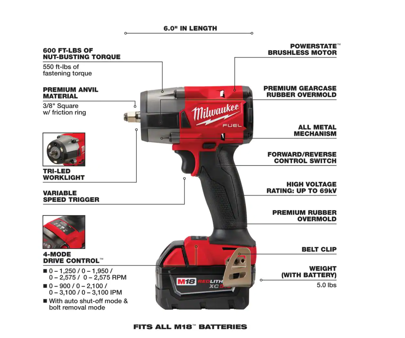 Milwaukee 2960-20-48-11-1850 M18 FUEL GEN-2 18V Lithium-Ion Mid Torque Brushless Cordless 3/8 in. Impact Wrench with (1) 5.0 Ah Battery