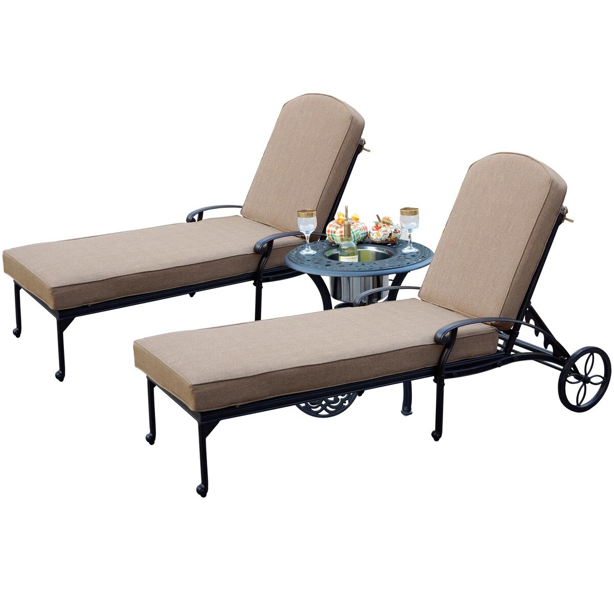 Darlee Elisabeth 3 Piece Cast Aluminum Patio Chaise Lounge Set W/ 24 Inch Round Ice Bucket End Table and Sesame Cushions