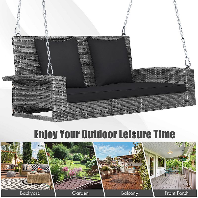 2-Person Patio PE Wicker Hanging Porch Swing Bench Chair Cushion 800 Pounds