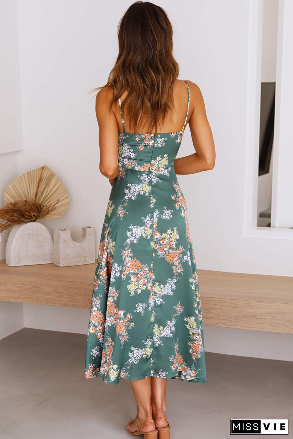 Floral Silky Front Slit Cut Out Tie Front Cami Dress