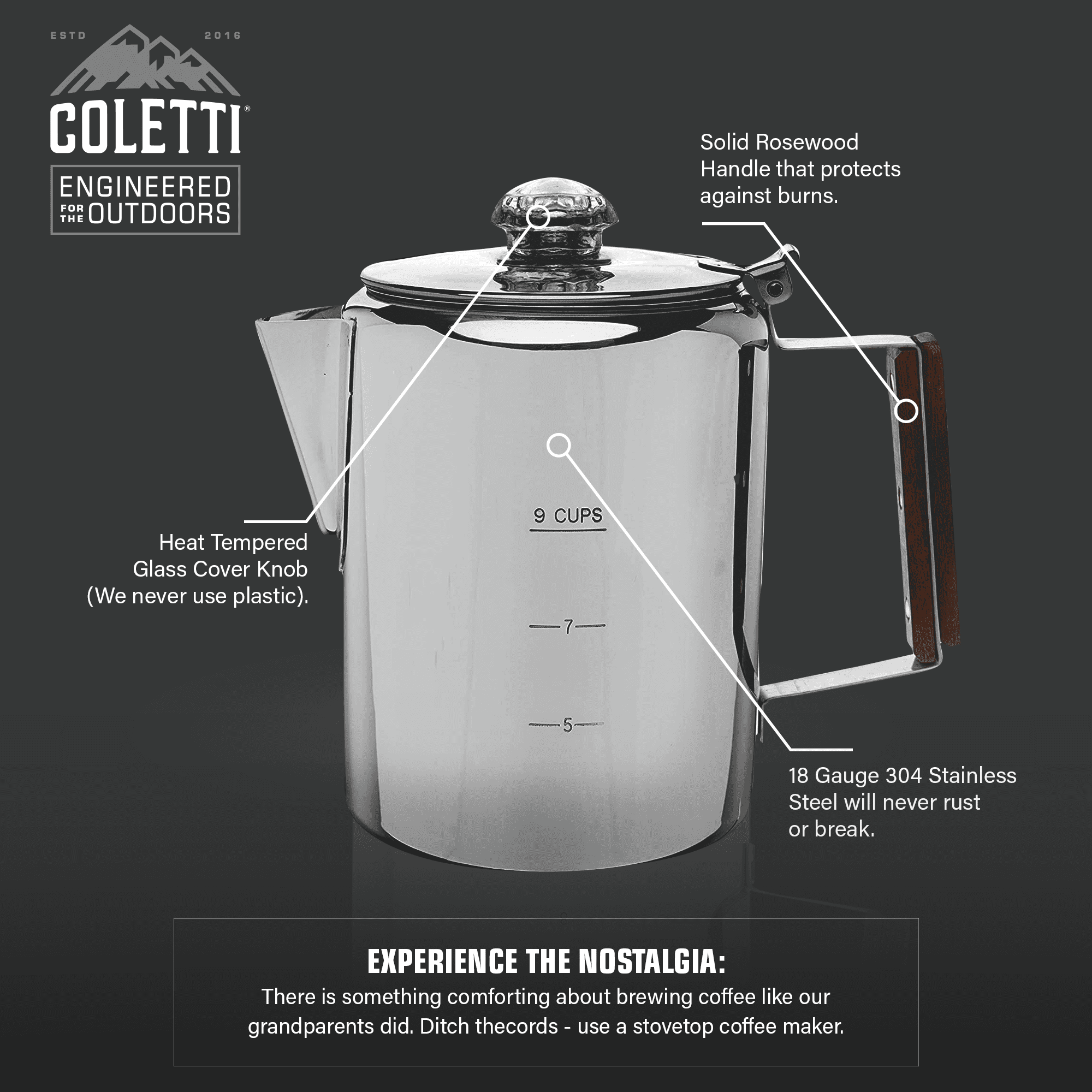 Coletti Stainless Steel 9 Cup Coffee Percolator