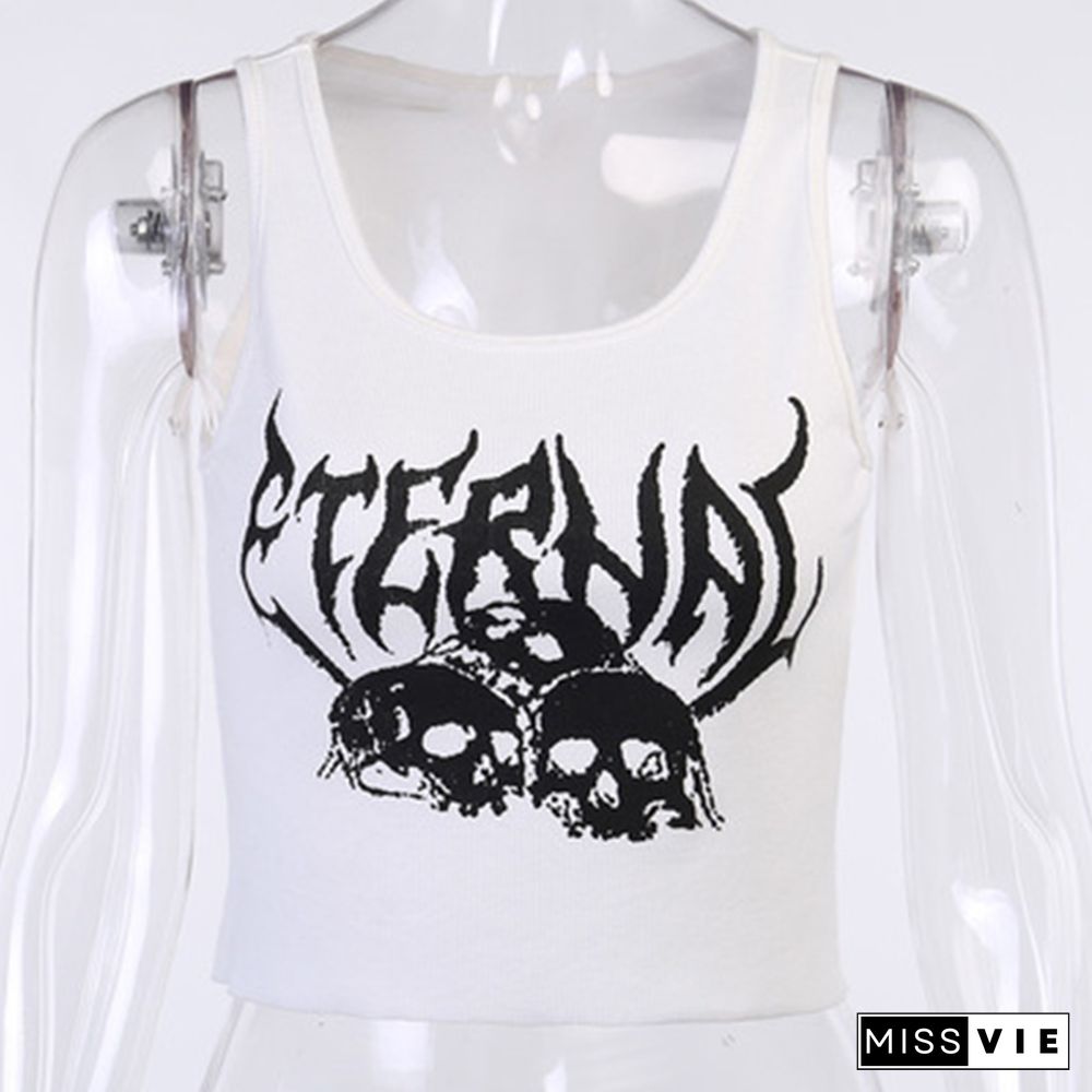 Sexy Punk Goth Crop Tops Women’s Summer Skull Print Vest Top Black White Fashion Round Neck Sleeveless Slim Tank Top Mujer