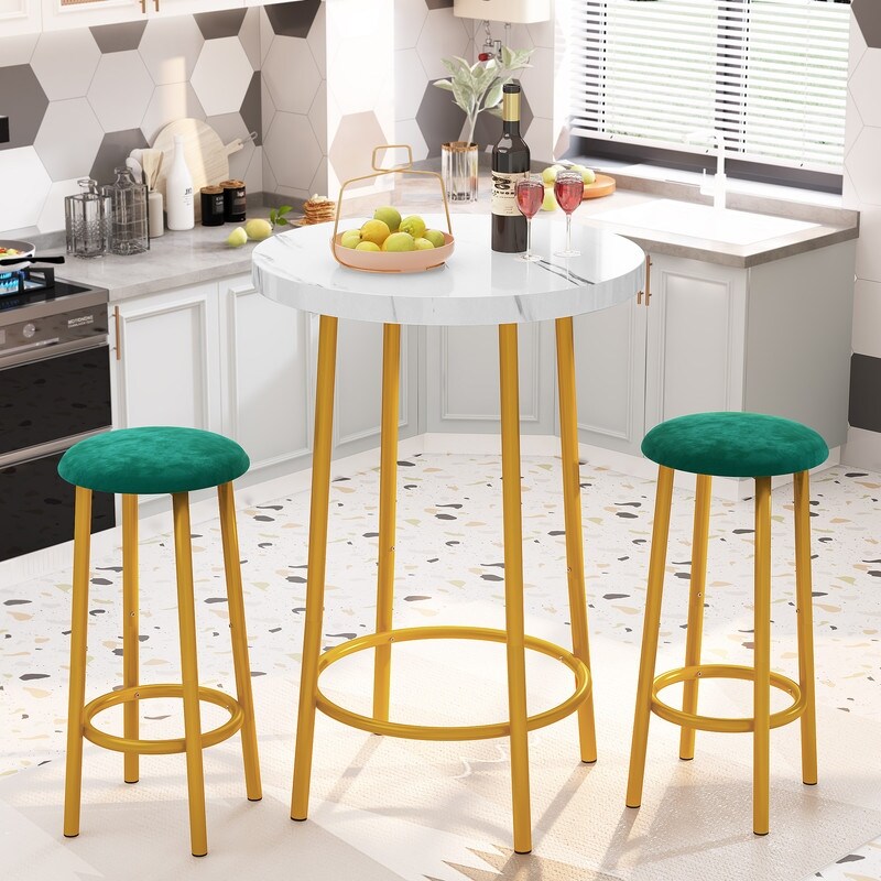 Eureka Modern 3 Pieces Fuax Marble Bar Table Set  Counter Height Round Pub Kitchen Dining Table Set with 2 Padded Stools