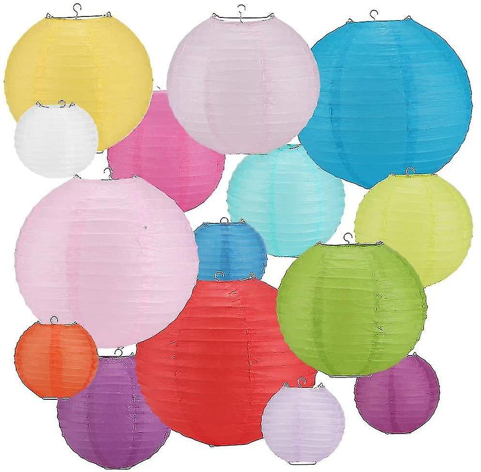 16 Pcs Paper Lanterns Round Colorful Paper Lantern With Wire Ribbing， Different