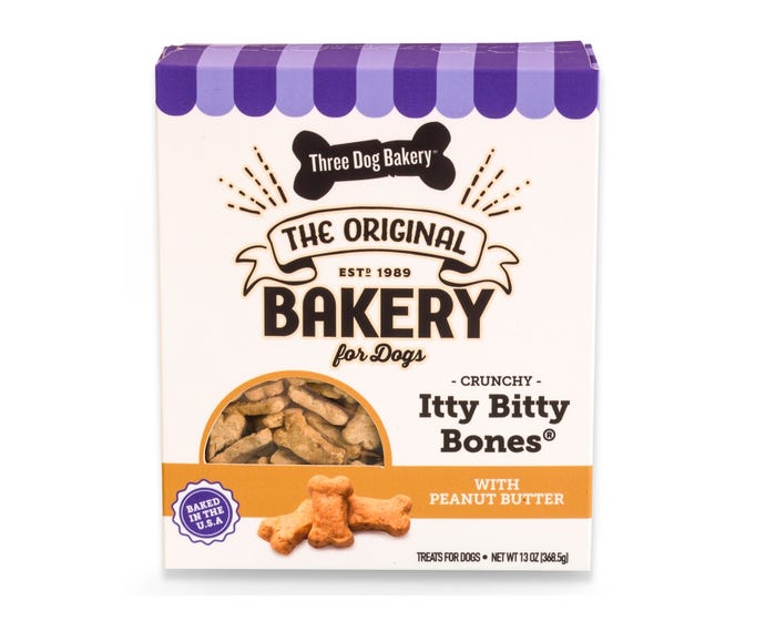 Three Dog Bakery Itty Bitty Bones， Peanut Butter， 13 oz. Bag