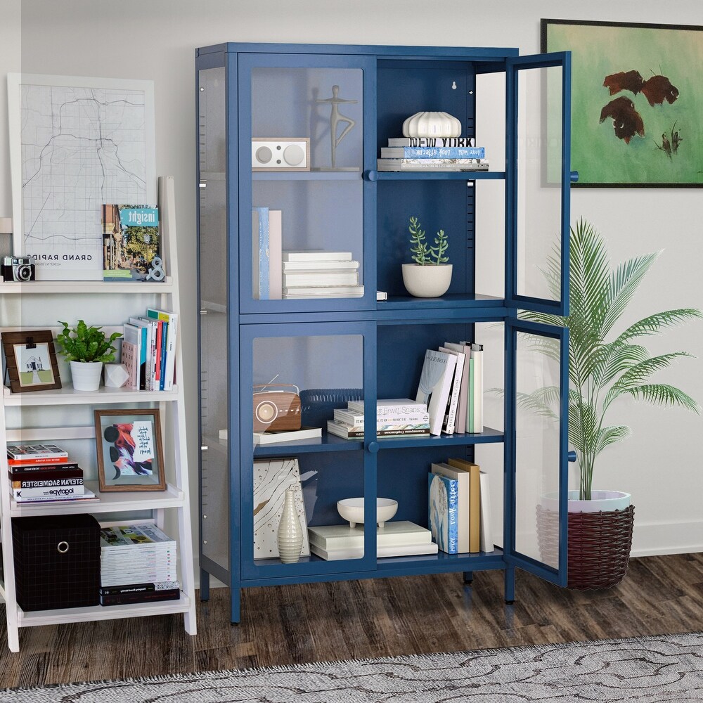 Modern Four Glass Door Storage Cabinet with Adjustable Shelves