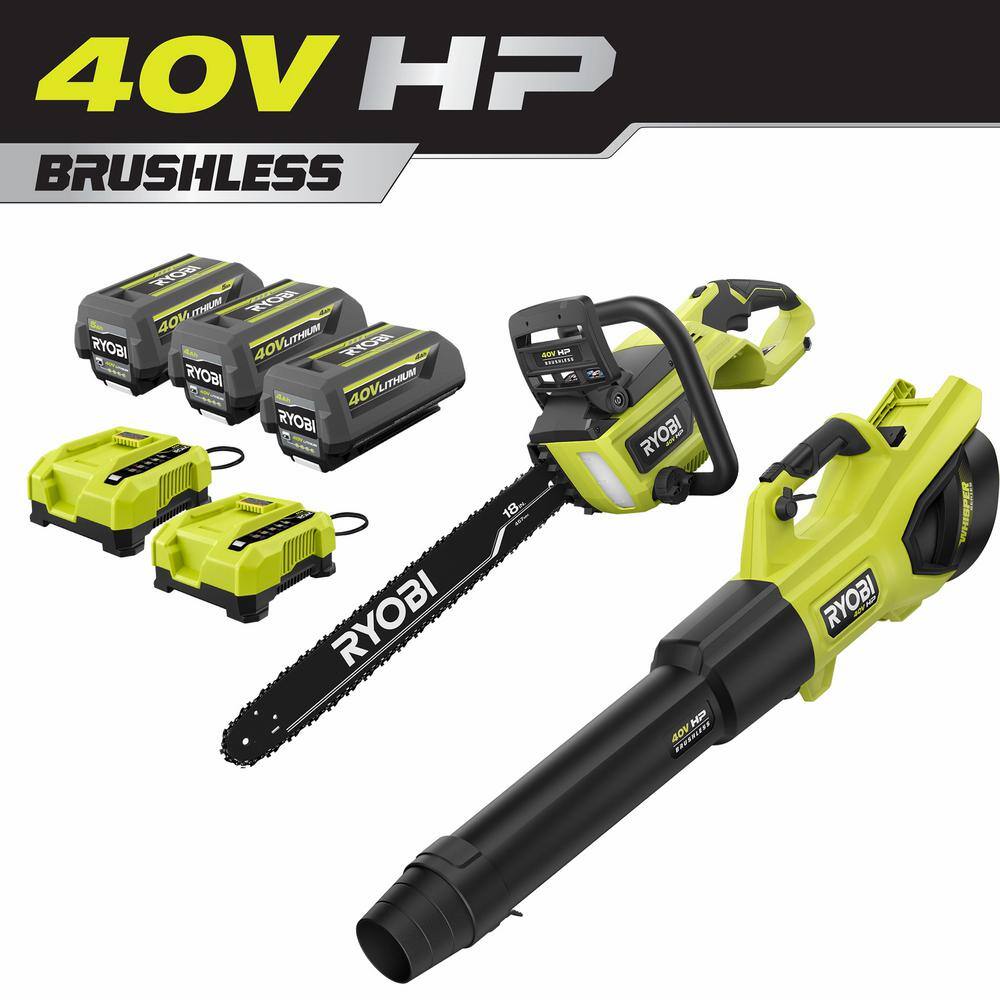 RYOBI 40V HP Brushless 18 in. Battery Chainsaw and 190 MPH 730CFM Battery Leaf Blower w (3) Batteries (2) Chargers RY40580-BLW