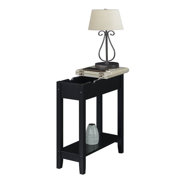 American Heritage Flip Top End Table with Charging Station， Faux Birch/Black