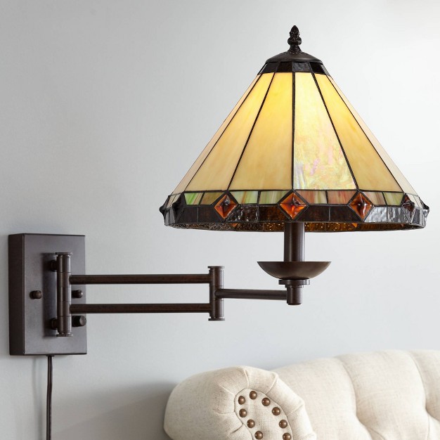 Robert Louis  Vintage Rustic Swing Arm Wall Lamp Bronze Plug in Light Fixture Stained Glass For Bedroom Bedside Living Room Reading Home House