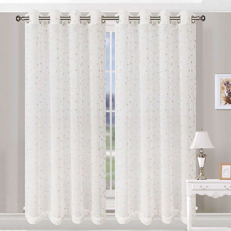 Superior Embroidered Pair of 2 Delicate Flower Sheer Grommet Window Curtain Panels