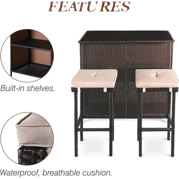 Outdoor 3Piece Black Brown Wicker Bar Set w/ Storage Shelves